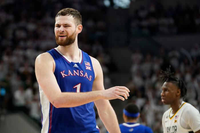 Kansas Jayhawks center Hunter Dickinson (1) reacts to a foul call during the second half against the Baylor Bears at Paul and Alejandra Foster Pavilion in Waco, Texas, on March 2, 2024.